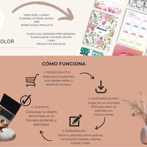 May include: Digital product design with the text "CUENTOYCOLOR" and instructions on how to use the product. The image includes templates, clip art, planners, stickers, and books. A person is using a laptop with a cup of coffee.