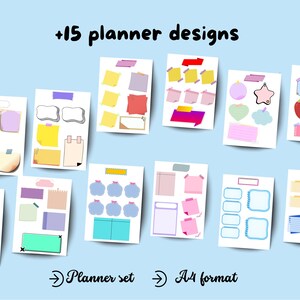 Puede incluir: Un conjunto de 15 diseños de planificadores en tarjetas blancas, con diversas formas y colores como rosa, amarillo y azul. El texto "+15 planner designs" está en la parte superior, con "Planner set" y "A4 format" en la parte inferior.