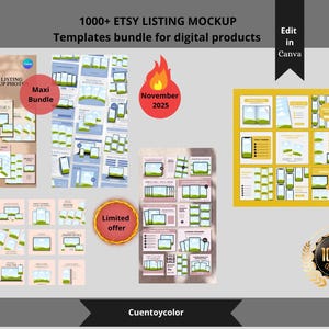 Peut inclure: Image promotionnelle pour des mod&egrave;les de produits num&eacute;riques, avec diverses maquettes pour les annonces Etsy. L'image comprend le texte "1000+ ETSY LISTING MOCKUP" et "Templates bundle for digital products". On y trouve aussi des &eacute;l&eacute;ments de design, dont un badge "Maxi Bundle" et un badge "Limited offer".