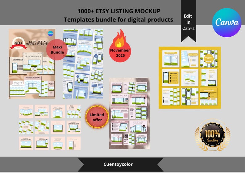Peut inclure: Image promotionnelle pour des mod&egrave;les de produits num&eacute;riques, avec diverses maquettes pour les annonces Etsy. L'image comprend le texte "1000+ ETSY LISTING MOCKUP" et "Templates bundle for digital products". On y trouve aussi des &eacute;l&eacute;ments de design, dont un badge "Maxi Bundle" et un badge "Limited offer".