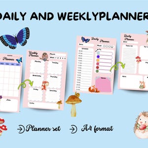 Puede incluir: Un conjunto de planificadores diarios y semanales rosas en formato A4 con ilustraciones caprichosas de criaturas del bosque y una mariposa azul. Los planificadores incluyen secciones para programar, tomar notas y tareas. El texto "DAILY AND WEEKLYPLANNER" está en la parte superior.