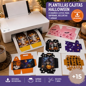 Puede incluir: Una impresora blanca expulsando una hoja con plantillas de cajas de Halloween con un fantasma y calabazas. Otras plantillas impresas están esparcidas, mostrando diseños espeluznantes como esqueletos, murciélagos y brujas.
