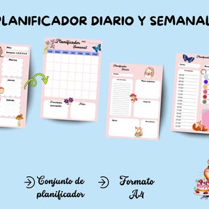 Puede incluir: Páginas de planificador diario y semanal rosas con ilustraciones de animales y flores. El texto "Planificador Diario y Semanal" está en la parte superior. Incluye un calendario semanal, horario diario y secciones de notas. El formato es A4.