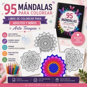 Pode incluir: Um livro para colorir intitulado "95 Mandalas" para adultos e crianças. A capa apresenta um livro com espiral com um desenho de mandala e borboletas. A imagem inclui vários desenhos de mandala e lápis de cor.