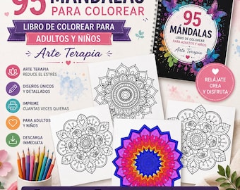 Pode incluir: Um livro para colorir intitulado "95 Mandalas" para adultos e crianças. A capa apresenta um livro com espiral com um desenho de mandala e borboletas. A imagem inclui vários desenhos de mandala e lápis de cor.