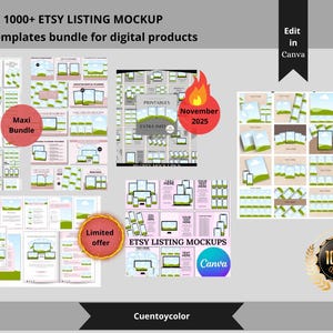 Peut inclure: Image promotionnelle pour des maquettes de listes Etsy, pr&eacute;sentant un ensemble de mod&egrave;les de produits num&eacute;riques. L'image comprend le texte "1000+ ETSY LISTING MOCKUP" et "Templates bundle for digital products". Diverses maquettes sont affich&eacute;es, avec des &eacute;tiquettes telles que "Maxi Bundle" et "Limited offer".