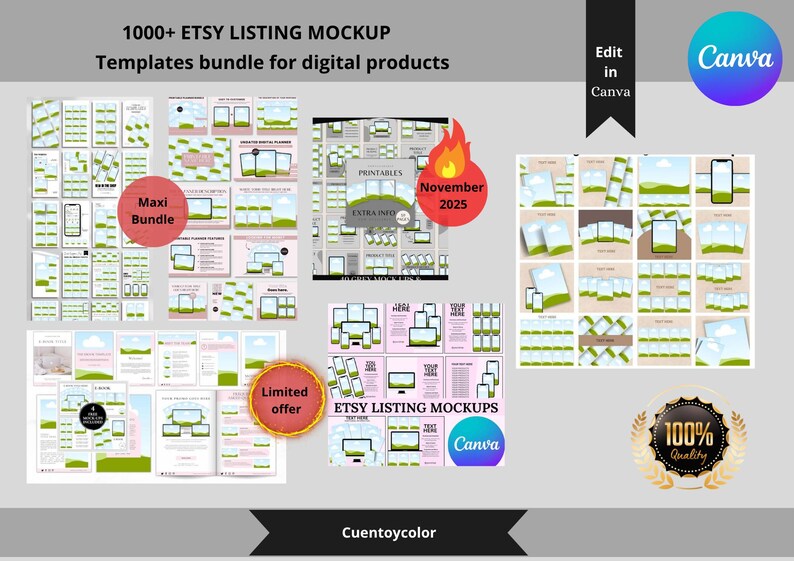 Peut inclure: Image promotionnelle pour des maquettes de listes Etsy, pr&eacute;sentant un ensemble de mod&egrave;les de produits num&eacute;riques. L'image comprend le texte "1000+ ETSY LISTING MOCKUP" et "Templates bundle for digital products". Diverses maquettes sont affich&eacute;es, avec des &eacute;tiquettes telles que "Maxi Bundle" et "Limited offer".