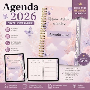 Puede incluir: Agenda digital e imprimible de 2026 con encuadernación en espiral, con un diseño suave en morado y blanco con mariposas. Incluye una tableta y un cuaderno, ambos mostrando el diseño de la agenda. El texto dice "Agenda 2026".