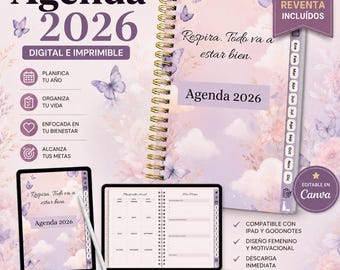 Może przedstawiać: Cyfrowy i drukowany kalendarz na rok 2026 ze spiralną oprawą, w miękkim fioletowo-białym wzornictwie z motylami. Zawiera tablet i notatnik, oba wyświetlające układ kalendarza. Tekst brzmi "Agenda 2026".