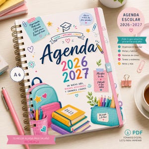 Può includere: Un'agenda scolastica A4 a spirale per il 2026-2027 con copertina bianca illustrata con uno zaino, libri e un astuccio. Il testo riporta Agenda 2026 2027, Sueña Aprende Crece e Un nuevo año, nuevas historias y grandes logros.
