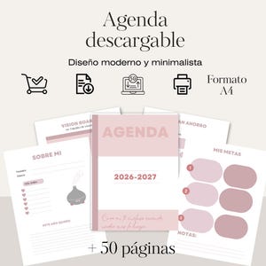 Puede incluir: Agenda descargable con un diseño moderno y minimalista. La portada es de color rosa claro con la palabra "AGENDA" y los años "2026-2027". Incluye páginas para metas, notas y ahorros. También se ve el texto "+ 50 páginas".