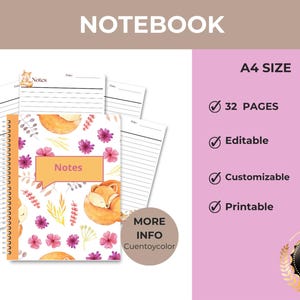 Puede incluir: Cuaderno A4 con diseño de zorro y flores. La portada presenta una ilustración de acuarela de un zorro durmiendo, flores y hojas. El cuaderno tiene 32 páginas y espiral. Incluye hojas sueltas con la palabra "Notas".