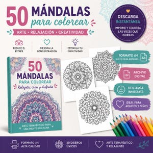 Pode incluir: Uma imagem mostra um livro e v&aacute;rias p&aacute;ginas para colorir mandalas, juntamente com l&aacute;pis de cor. A capa do livro diz "50 Mandalas para colorir" com o texto "Arte, Relaxamento, Criatividade". A imagem tamb&eacute;m inclui texto sobre redu&ccedil;&atilde;o de stress e criatividade.