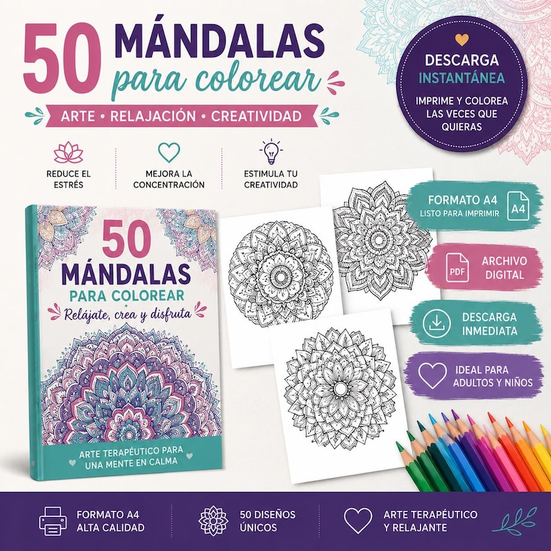 Pode incluir: Uma imagem mostra um livro e v&aacute;rias p&aacute;ginas para colorir mandalas, juntamente com l&aacute;pis de cor. A capa do livro diz "50 Mandalas para colorir" com o texto "Arte, Relaxamento, Criatividade". A imagem tamb&eacute;m inclui texto sobre redu&ccedil;&atilde;o de stress e criatividade.