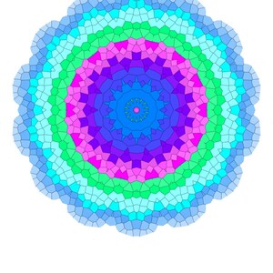 Pode incluir: Um design de mandala colorido e sim&eacute;trico. A obra de arte apresenta c&iacute;rculos conc&ecirc;ntricos de v&aacute;rias cores, incluindo tons de azul, verde, rosa e roxo. O design tem uma apar&ecirc;ncia de mosaico, com cada se&ccedil;&atilde;o composta por pequenas formas geom&eacute;tricas.