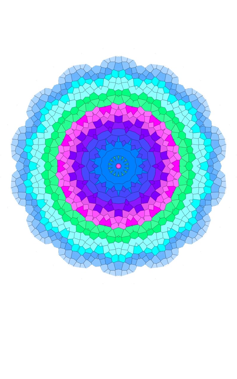 Pode incluir: Um design de mandala colorido e sim&eacute;trico. A obra de arte apresenta c&iacute;rculos conc&ecirc;ntricos de v&aacute;rias cores, incluindo tons de azul, verde, rosa e roxo. O design tem uma apar&ecirc;ncia de mosaico, com cada se&ccedil;&atilde;o composta por pequenas formas geom&eacute;tricas.