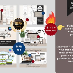 Puede incluir: Paquete de marketing digital para principiantes, con planificador, guía de marketing de afiliados y planificador de marca. La imagen muestra el texto "4 en 1 + Bonus extra" y "Edit in Canva".