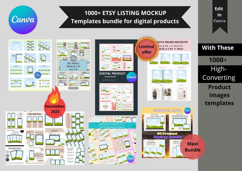 Peut inclure: Image promotionnelle pour des maquettes de listes Etsy. L'image pr&eacute;sente une vari&eacute;t&eacute; de mod&egrave;les de produits num&eacute;riques, y compris des maquettes pour magazines, e-books et produits num&eacute;riques. Le texte comprend "1000+ Etsy Listing Mockup Templates" et "Edit in Canva."
