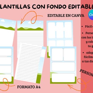 Puede incluir: Una colección de plantillas editables con diseño de paisaje, que incluyen páginas con líneas y en blanco, y plantillas con cuadros. El texto dice "+ 26 PLANTILLAS CON FONDO EDITABLE EDITABLE EN CANVA FORMATO A4". Las plantillas son personalizables.
