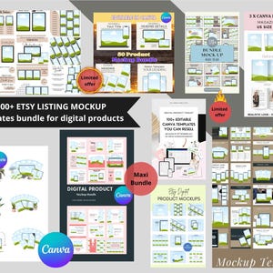 Peut inclure: Une collection de maquettes de produits num&eacute;riques, comprenant des mod&egrave;les pour les annonces Etsy, les magazines et les produits num&eacute;riques. L'image pr&eacute;sente diverses mises en page pour pr&eacute;senter les designs, avec le texte "1000+ Etsy Listing Mockup Templates bundle for digital products."