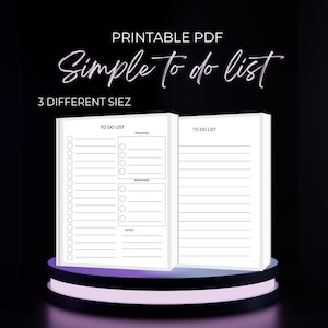 Puede incluir: Una lista de tareas en PDF imprimible con el texto "Simple to do list" y "3 DIFFERENT SIEZ". La lista incluye secciones para tareas, prioridades, recordatorios y notas. El diseño es limpio y minimalista, con fondo negro.