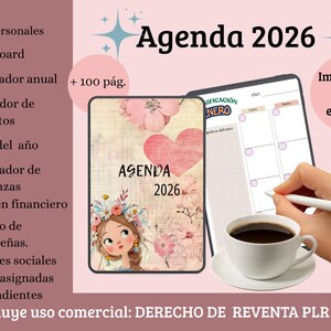 May include: A digital planner titled "Agenda 2026" with a floral design and the text "Imprimible y editable." The image includes a tablet with a calendar layout, a coffee cup, and a stylus. The planner features personal data, habit trackers, and financial planning.