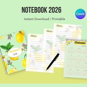 Puede incluir: Un conjunto de artículos de papelería imprimibles con un diseño de limón y flores, que incluye un cuaderno, páginas de notas rayadas y un calendario. El cuaderno y el calendario están etiquetados como "Notebook 2026" y "Calendar 2026". También se incluye un bolígrafo negro.
