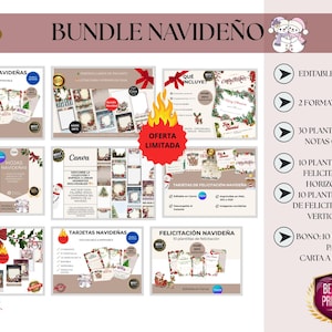 Puede incluir: Un paquete de plantillas de tarjetas navideñas con varios diseños, incluyendo a Papá Noel, renos y decoraciones festivas. El paquete incluye plantillas editables en Canva, con opciones para formatos A4 y A5, y diseños horizontales y verticales. El texto dice "Bundle Navideño".