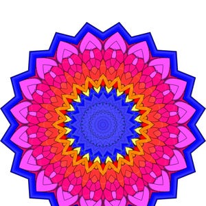 Pode incluir: Um design de mandala sim&eacute;trico e vibrante com fundo branco. A obra de arte apresenta camadas conc&ecirc;ntricas de cor, incluindo azul, rosa, laranja e amarelo. A borda externa &eacute; azul escuro, com um padr&atilde;o em forma de estrela. O centro &eacute; um c&iacute;rculo azul escuro.