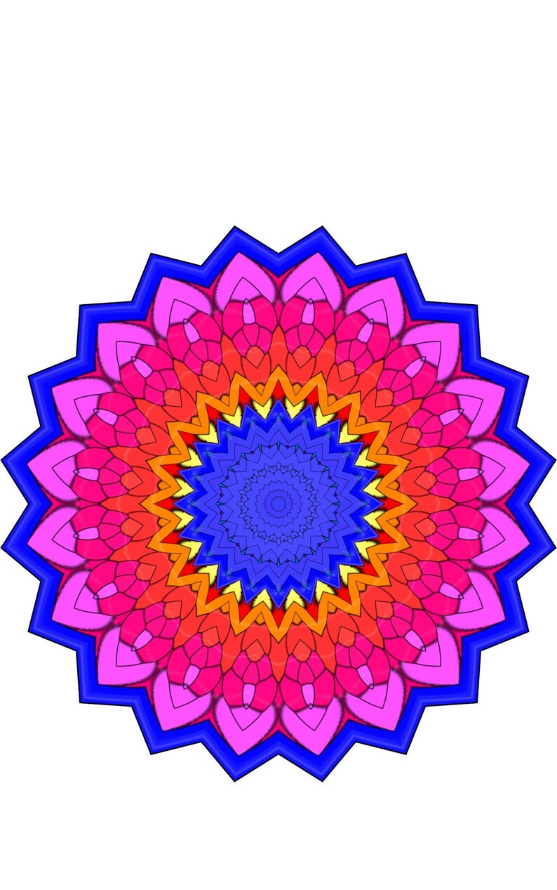Pode incluir: Um design de mandala sim&eacute;trico e vibrante com fundo branco. A obra de arte apresenta camadas conc&ecirc;ntricas de cor, incluindo azul, rosa, laranja e amarelo. A borda externa &eacute; azul escuro, com um padr&atilde;o em forma de estrela. O centro &eacute; um c&iacute;rculo azul escuro.