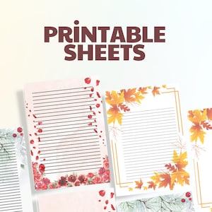 Puede incluir: Hojas imprimibles con páginas rayadas y diseños decorativos de flores y hojas. El texto "PRINTABLE SHEETS" se muestra en la parte superior. Las hojas presentan pétalos de rosa, rosas y hojas de otoño.