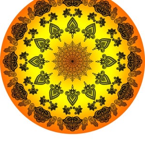 Pode incluir: Um design decorativo circular com um gradiente de amarelo a laranja. O design apresenta intrincados padr&otilde;es florais e paisley pretos, incluindo uma mandala central e elementos de borda externos.