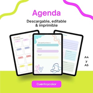 Puede incluir: Tres plantillas de planificador digital en tabletas, con colores pastel y el texto "Agenda" y "Descargable, editable & imprimible." Las plantillas incluyen secciones para notas, contactos y objetivos. La parte inferior tiene un rectángulo rosa con el texto "Cuentoycolor."