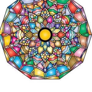 Pode incluir: Um design de mandala geom&eacute;trico colorido com um c&iacute;rculo amarelo central e padr&otilde;es florais radiantes. A obra de arte apresenta uma paleta vibrante de vermelho, azul, verde, amarelo e roxo, criando um efeito de vitral. O design &eacute; sim&eacute;trico e detalhado.