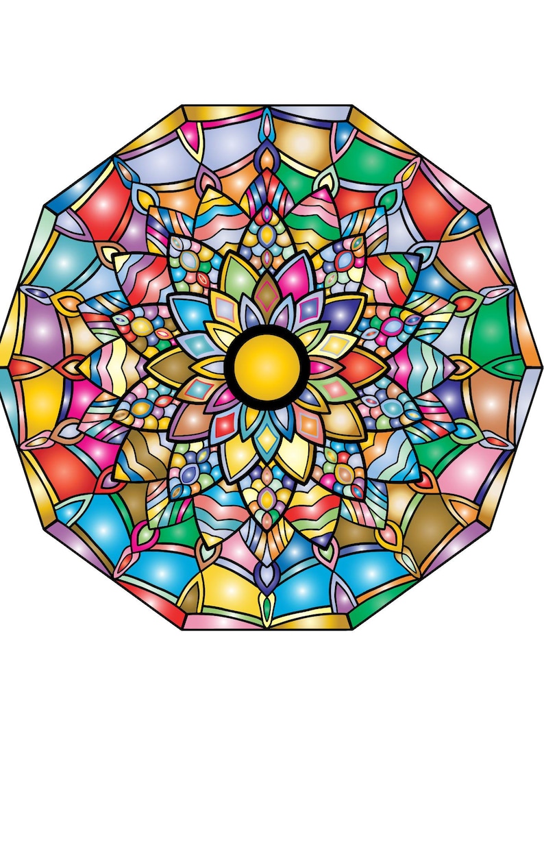 Pode incluir: Um design de mandala geom&eacute;trico colorido com um c&iacute;rculo amarelo central e padr&otilde;es florais radiantes. A obra de arte apresenta uma paleta vibrante de vermelho, azul, verde, amarelo e roxo, criando um efeito de vitral. O design &eacute; sim&eacute;trico e detalhado.