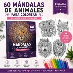 Pode incluir: Um livro e páginas para colorir com mandalas de animais. A capa do livro mostra uma ilustração detalhada de um leão. A imagem inclui o texto "60 Mandalas de animais para colorir" e "Relaxe, crie e divirta-se". Lápis de cor são visíveis.