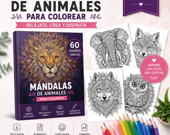 60 djurmandalas att färglägga | Utskrivbar PDF digital bok | Antistresssidor för vuxna och barn