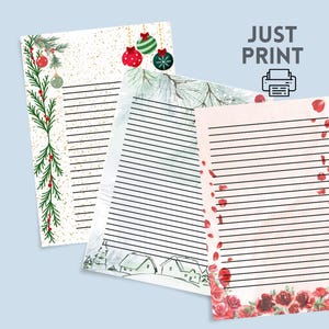 Puede incluir: Tres hojas de papel de carta con bordes decorativos. Una tiene adornos navideños y vegetación, otra una escena invernal y la tercera rosas rojas y pétalos. El texto "JUST PRINT" es visible.