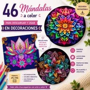 Pode incluir: Um produto digital para download com 46 designs de mandalas coloridas. A imagem mostra padrões vibrantes e intrincados em várias formas, incluindo designs circulares e quadrados. O texto indica que os designs são para decoração e uso pessoal.