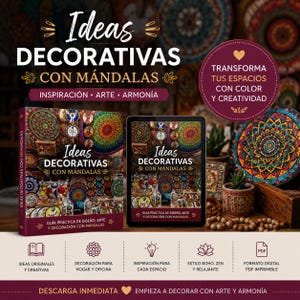 Pode incluir: Um anúncio de um livro de design intitulado "Ideas Decorativas con Mandalas". A imagem apresenta um livro e um tablet exibindo a capa do livro, mostrando designs de mandala coloridos. O texto promove design, arte e harmonia, com texto adicional em espanhol.