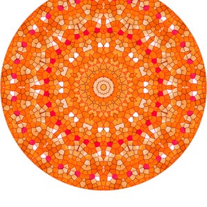 Pode incluir: Um design circular em estilo mosaico com uma paleta de cores vibrantes. A obra de arte apresenta um padr&atilde;o sim&eacute;trico de formas geom&eacute;tricas laranja, vermelhas e brancas, criando uma composi&ccedil;&atilde;o visualmente envolvente e intrincada. O design est&aacute; em um fundo branco.