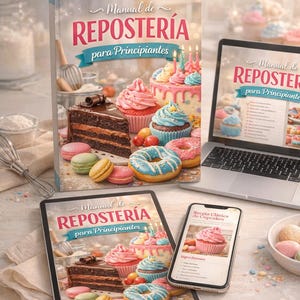 Puede incluir: Un libro de cocina titulado "Manual de Repostería para Principiantes" se muestra con imágenes de pasteles, donuts y macarons. Una computadora portátil, una tableta y un teléfono inteligente también muestran el libro de cocina. La imagen tiene una paleta de colores suave y cálida.