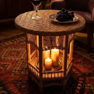 Runder rustikaler Weiden Couchtisch | Kleiner Tisch mit Ablage | Kleiner Drink-Beistelltisch | Geschenk zum 5 Rattanmöbel