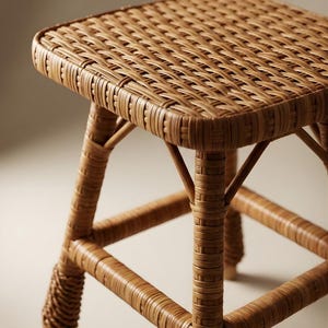 May include: A square stool constructed from light brown woven rattan. The seat features a tight, grid-like weave pattern with rounded corners. Four legs are connected by horizontal support bars, with additional decorative wrapping at the base.
