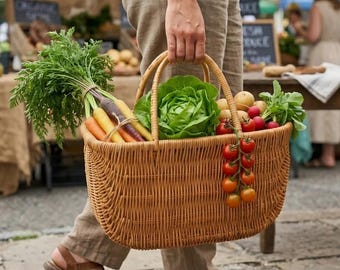 Handgewebter Weidenkorb mit Griffen, Weiden-Aufbewahrungskorb, Picknickkorb, Markttasche, rustikales Bauernhausdekor