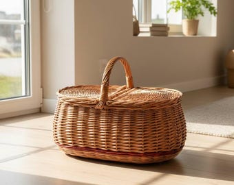 Extra grote rotan picknickmand | Klassieke ovale rotanmand voor buiten met deksel en handvat | Rustieke rieten voedselmand voor stellen, kamperen, strand