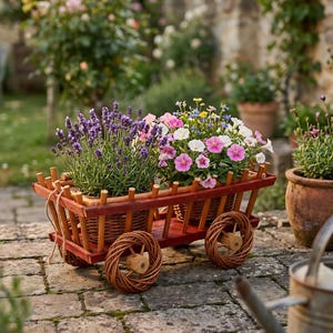May include: A rustic red wooden cart filled with vibrant flowers and lavender. The cart features woven wheels and a rope handle, creating a charming garden accent. The cart is filled with purple, pink, white, and yellow flowers.