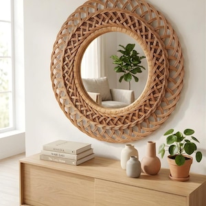 May include: A round, woven rattan mirror with a double-layered design hangs on a white wall. The mirror reflects a room with a chair and a plant. Below, a wooden cabinet displays books, vases, and a potted plant, creating a natural, bohemian aesthetic.