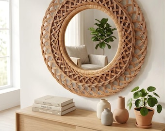 Compact Wicker Runder Spiegel | Mid Century Moderner Badezimmer Spiegel | Viktorianischer Stil Spiegel Wand Kunst | Dekorativer Kosmetikspiegel