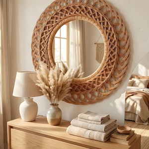 Espejo de pared de ratán bohemio/espejo redondo de mimbre tejido a mano, decoración de pared bohemia natural, espejo de entrada de estilo rústico, decoración costera para el hogar.